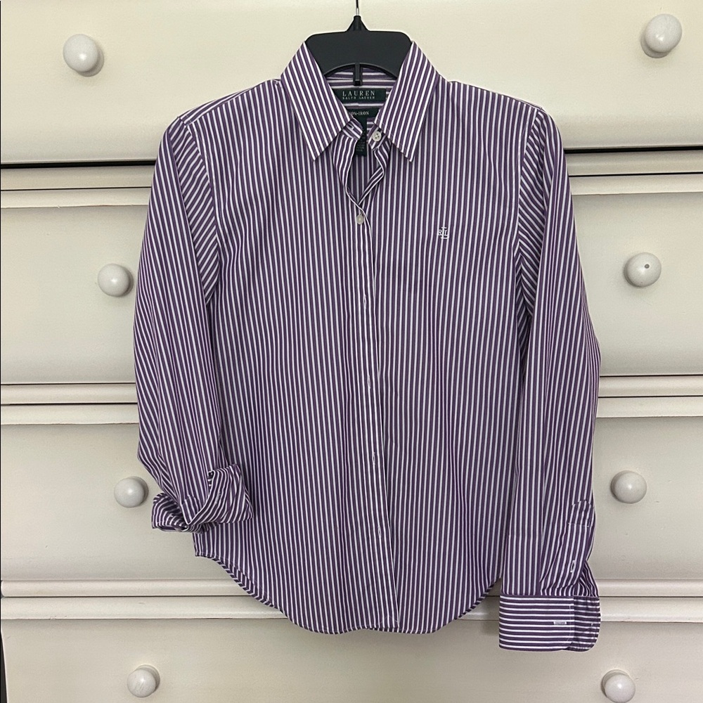 Lauren Ralph Purple & White Striped Dress Shirt